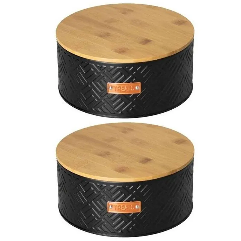Kit 2 Lata Porta Biscoito Doce Tampa De Bambu Preto