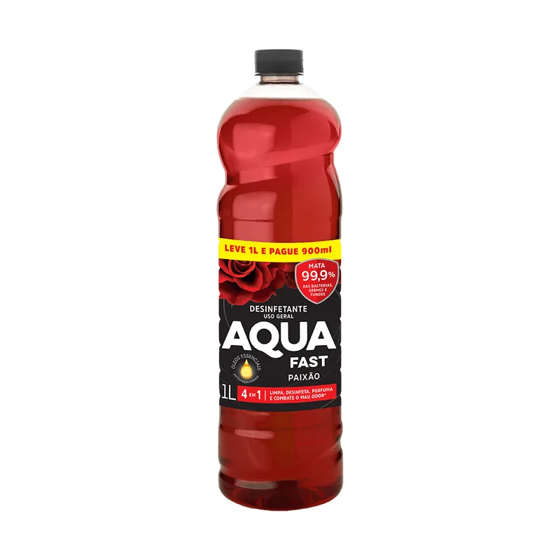 Desinfetante AquaFast Paixão 4 em 1 Leve 1L, Pague 900ml