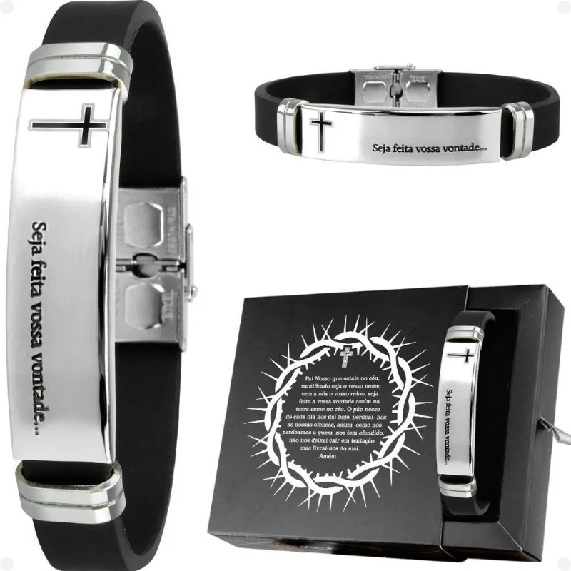 Pulseira Orizom Placa Pai Nosso Prata 21cm Ajustável Masculino