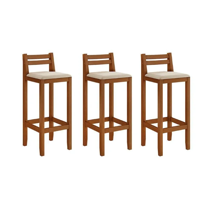 Kit 3 Banquetas Em Madeira Maciça Ibiza Balcão 98 Cm Com Encosto - Malbec Assento Off White