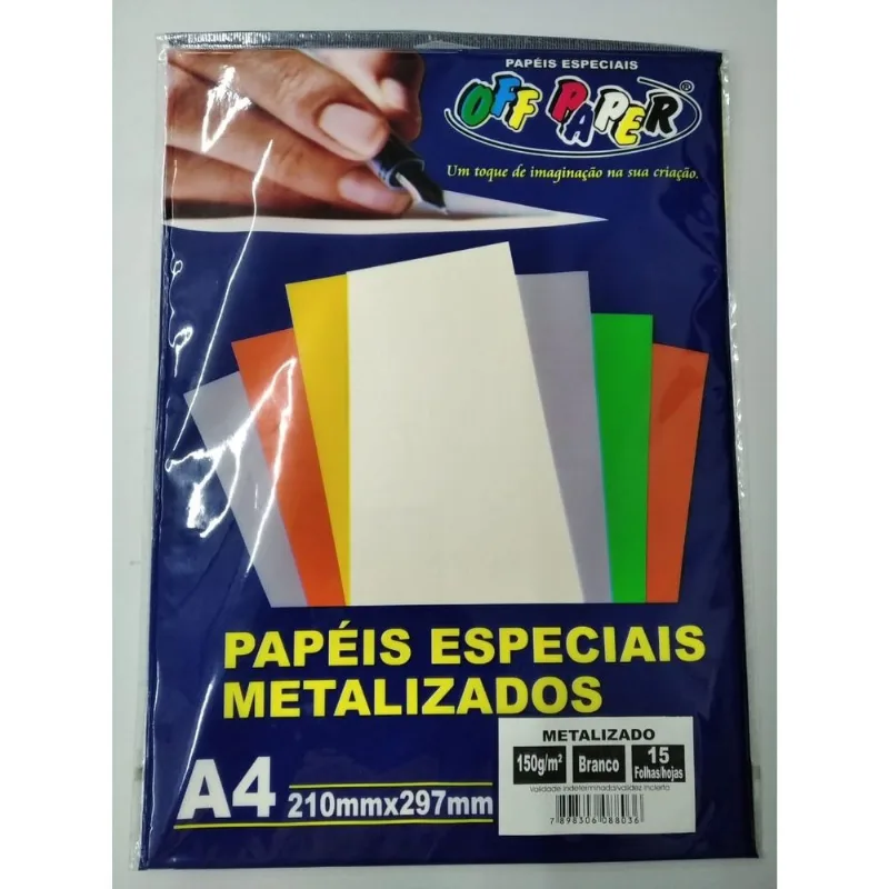 Papel Metalizado A4 150 Gramas c/ 15 Folhas - Off Paper - BRANCO