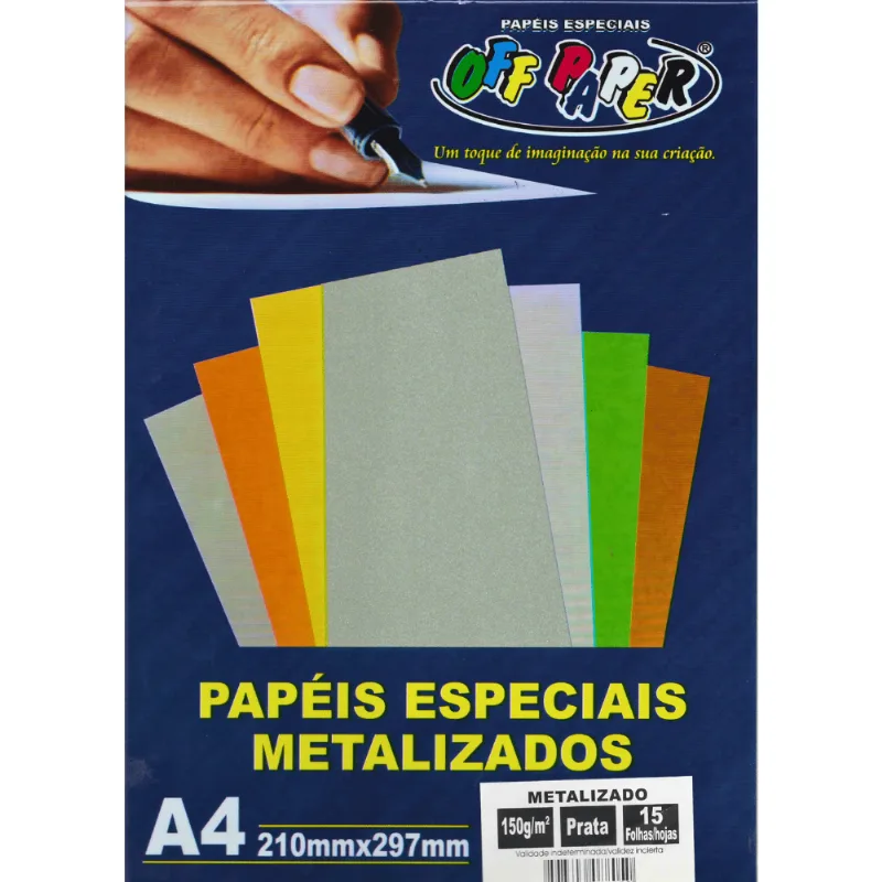 Papel Metalizado A4 150 Gramas c/ 15 Folhas - Off Paper - PRATA