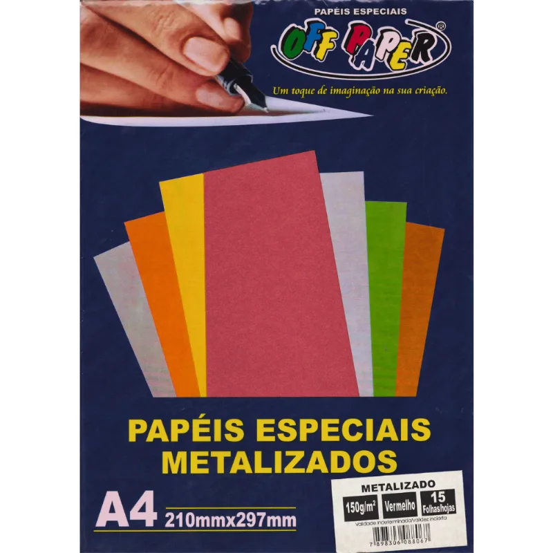 Papel Metalizado A4 150 Gramas c/ 15 Folhas - Off Paper - VERMELHO
