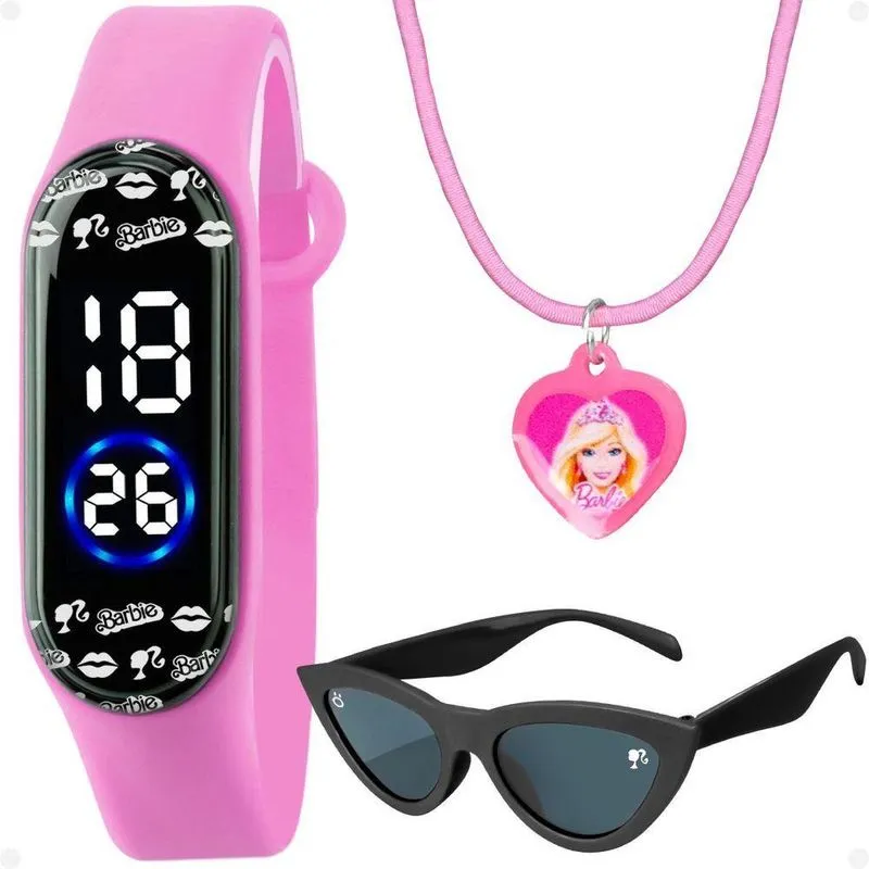 Relogio Infantil Barbie Digital + Colar + Oculos Proteção Uv Criança Pulseira Ajustavel Rosa Menina