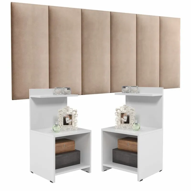 Conjunto Cabeceira Casal 1,40 Julia Bege com 2 Mesas de Cabeceira Fantasy Branco - Lojas rpm