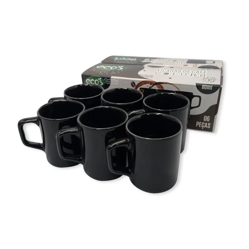 Conjunto 6 Xícaras Pequenas Café Cerâmica 80ml Preto
