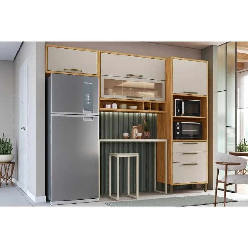 Módulo de Cozinha Syrah C3P41 5 Portas 3 Gavetas MDF 74,5CM Amêndoa, Off White com Paneleiro