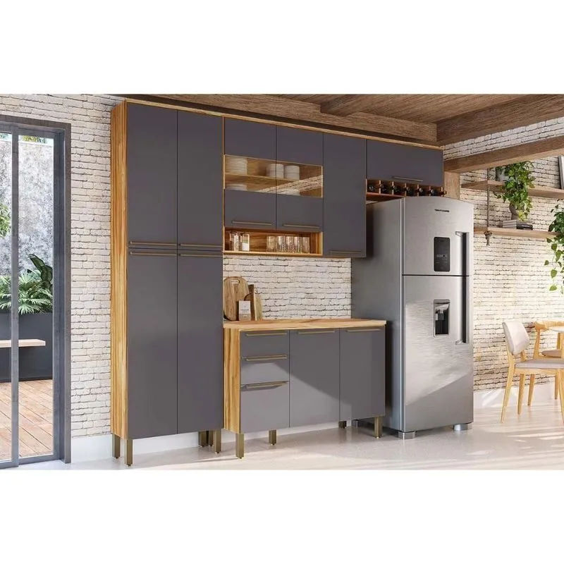 Cozinha Modulada Completa Nápoli Prime 4 Peças 2 Aéreos + 1 Balcão + 1 Paneleiro C4p01 Amendoa Grafite Ronipa