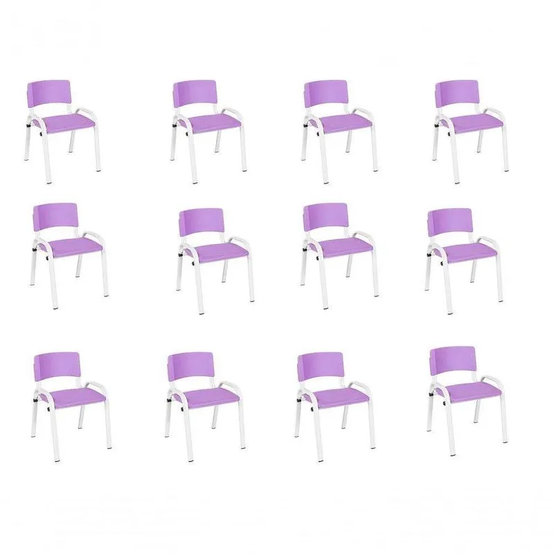 Kit 12 Cadeira Iso Infantil Creche, Escola Base Branco Lilas