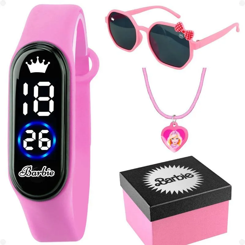 Relogio Digital Infantil Barbie Rosa + Oculos Sol + Caixa