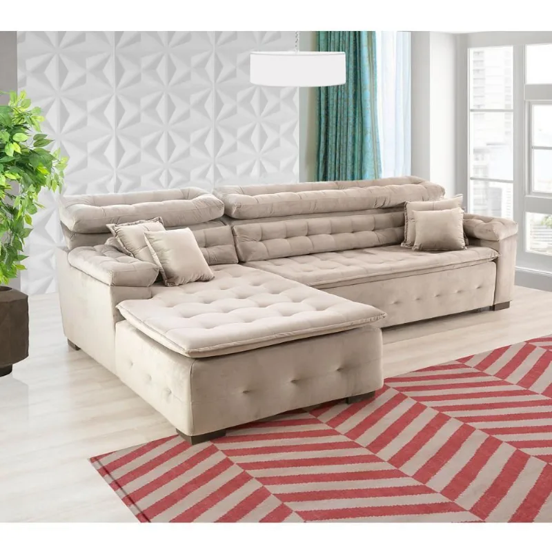 Sofá Retrátil e Chaise Orlando 240x190 bege