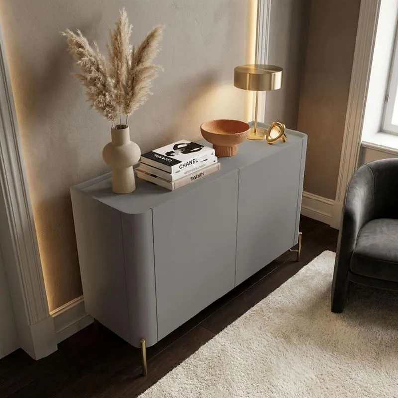 Balcão Buffet Bend Curvo 2 Portas MDF 98,5cm Grigio Com Dourado