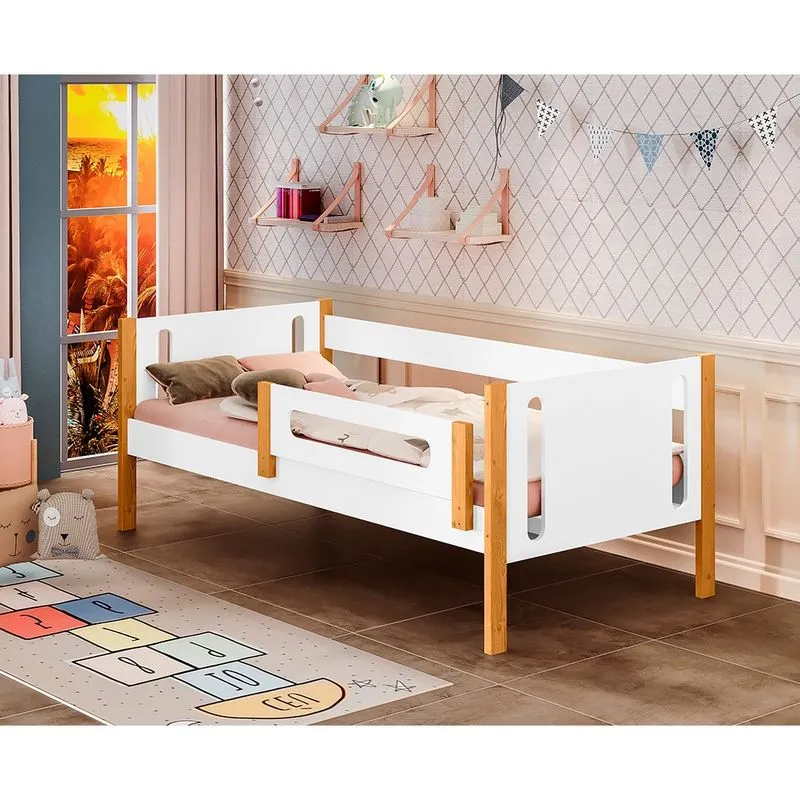 Cama de Solteiro Mirela Branco/ Mel com Grade de Proteção