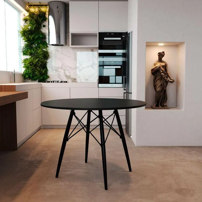 Mesa De Jantar Eames Eiffel Preta 90cm Base Madeira Maciça Preto
