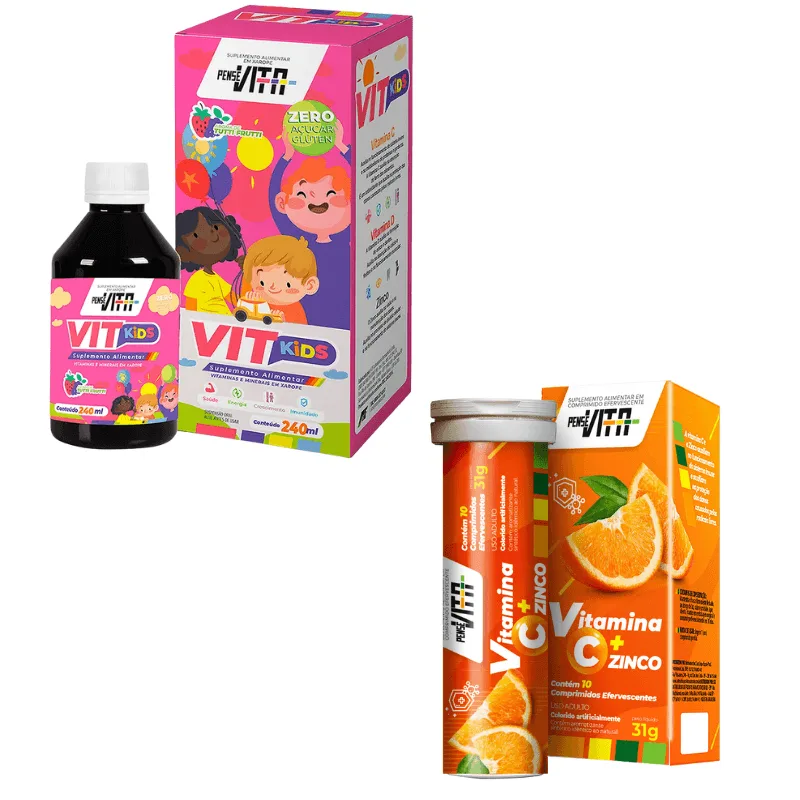 Kit Defesa Kids Pensevita Kids Tuttifruti 240ml + Vitamina C + Zinco Com 10 Comprimidos Efervescentes