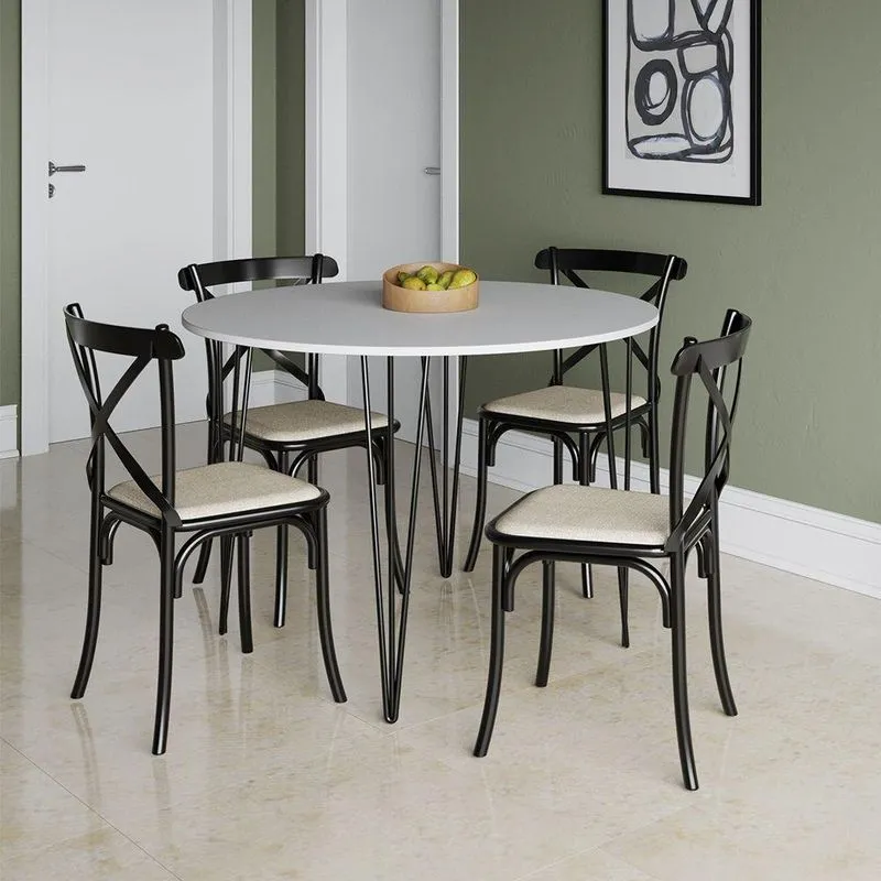 Mesa Jantar Redonda Branca Elen 110cm Hairpin Com 4 Cadeiras Katrina Preta Branco