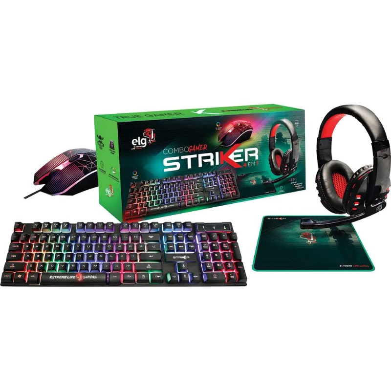 Kit Teclado Headset Mouse Gamer ELG 4 em 1 Striker CGSR41 Preto