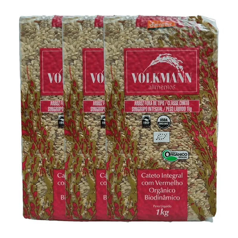 Kit 3x: Arroz Cateto Integral Com Vermelho Orgânico Biodinâmico Demeter Volkmann 1kg