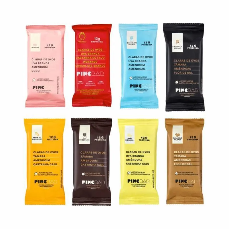 Kit 8 Barras Pincbar: Alemdoim, Chocolate, Limão, Caramelo, Sea Salt, Chocolate Branco, Fragola, Beijinho