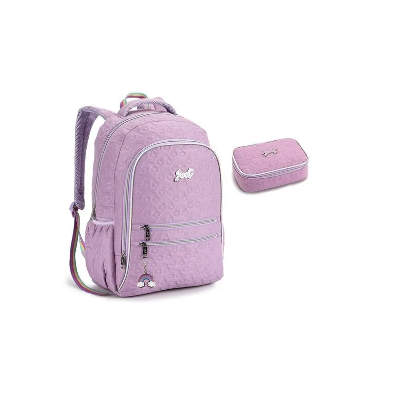 Kit Escolar Meninas Arco Íris Ll Mochila Costas + Estojo Box