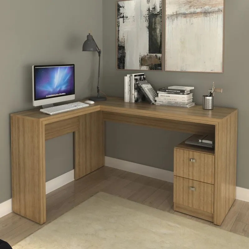 Mesa para Escritório em L 2 Gavetas ME4129 Tecno Mobili Amendoa