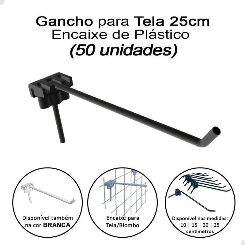Kit 50 Gancho Expositor 25cm Para Biombo Tela Aramada Preto
