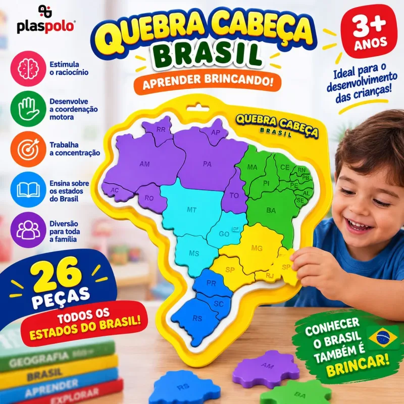 Quebra Cabeça Mapa do Brasil Infantil Educativo 26 Peças 3+ Anos