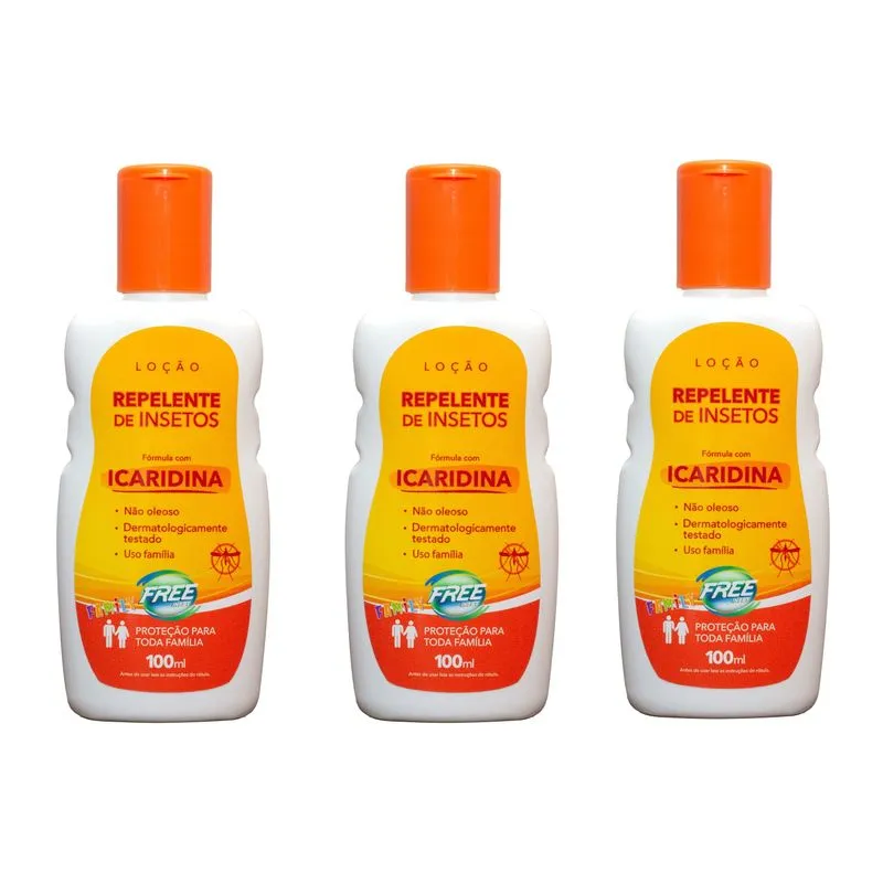 03 Repelentes Free Inset Com Icaridina, Protege De Pernilongos, Dengue, Zika, Febre Amarela E Chikungunya 100ml