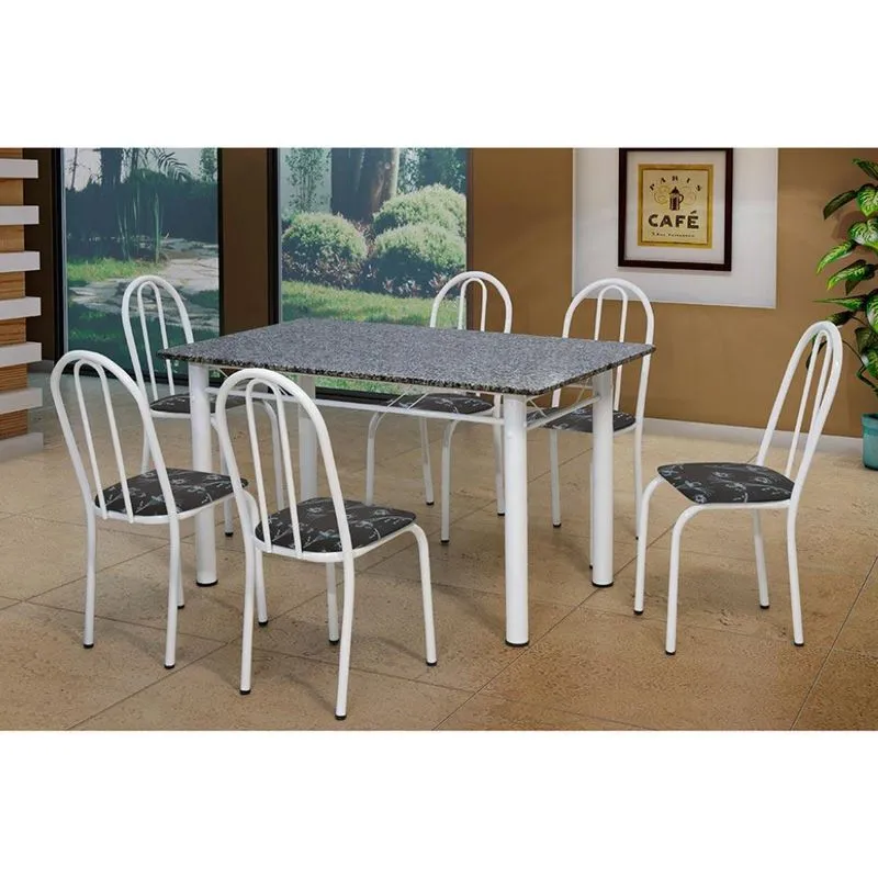 Conjunto de Mesa Sara com 6 Cadeiras Branca Preto Flor