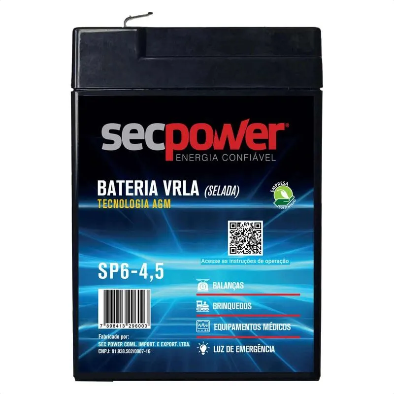 Bateria Selada VRLA 6V 4,5AH SP 6-4,5 Secpower