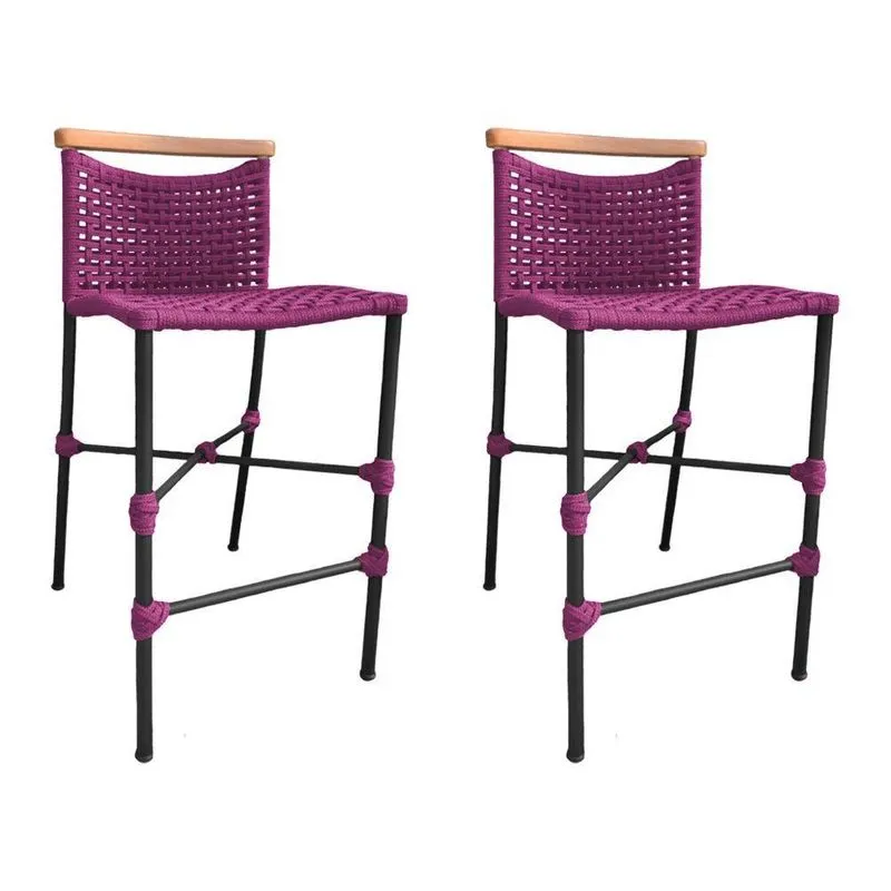 Kit 2 Banquetas Anne Em Corda Náutica Base Em Alumínio Preta Com Detalhe Em Madeira Rosa