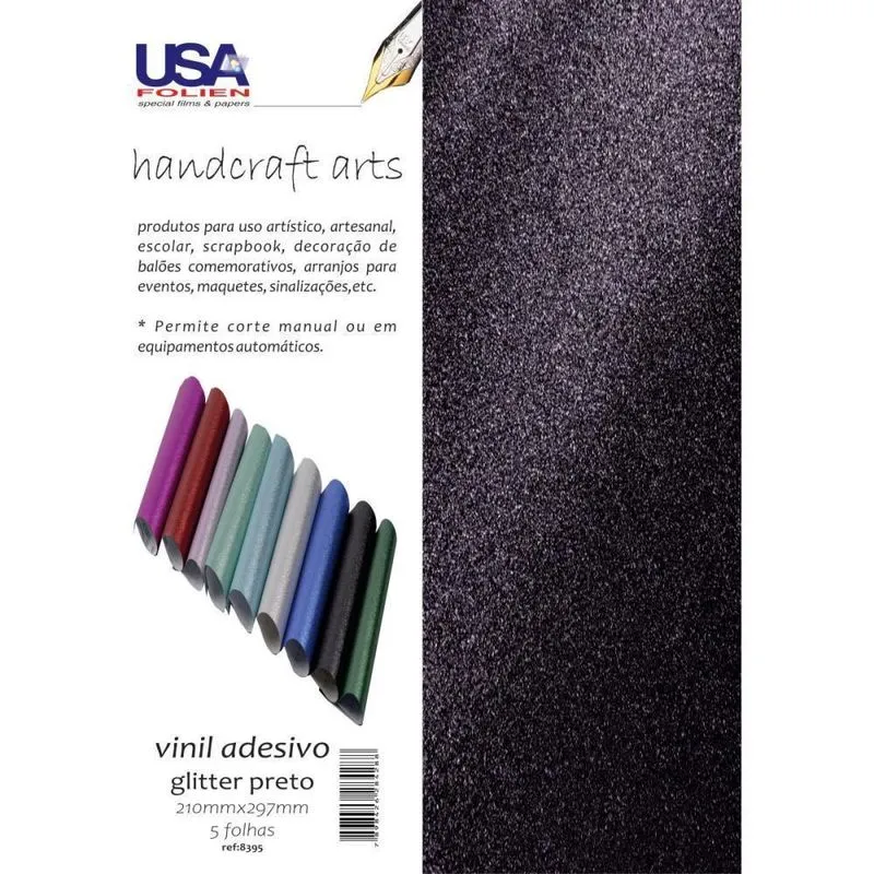 Vinil Adesivo Glíter Preto A4 210X297Mm Pacote Com 05