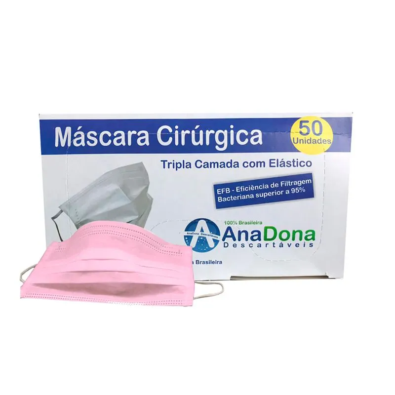 Máscara Descartável Tripla Com Elástico Rosa 50un