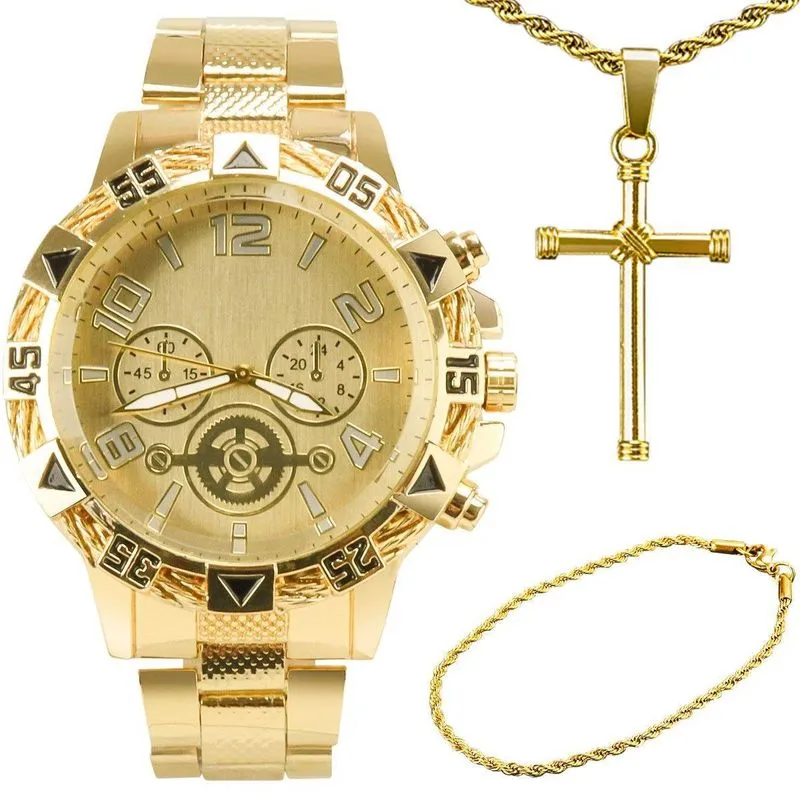 Relogio Masculino Banhado Aço Ouro + Pulseira + Crucifixo