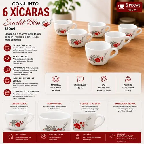 Conjunto 6 Xícaras Café Porcelana Branca 130ml Design Moderno Elegante