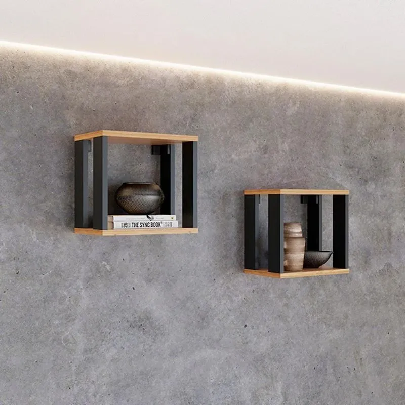 Nicho Kit 02 Industrial 2 Prateleiras MDF Freijó Com Preto Fosco