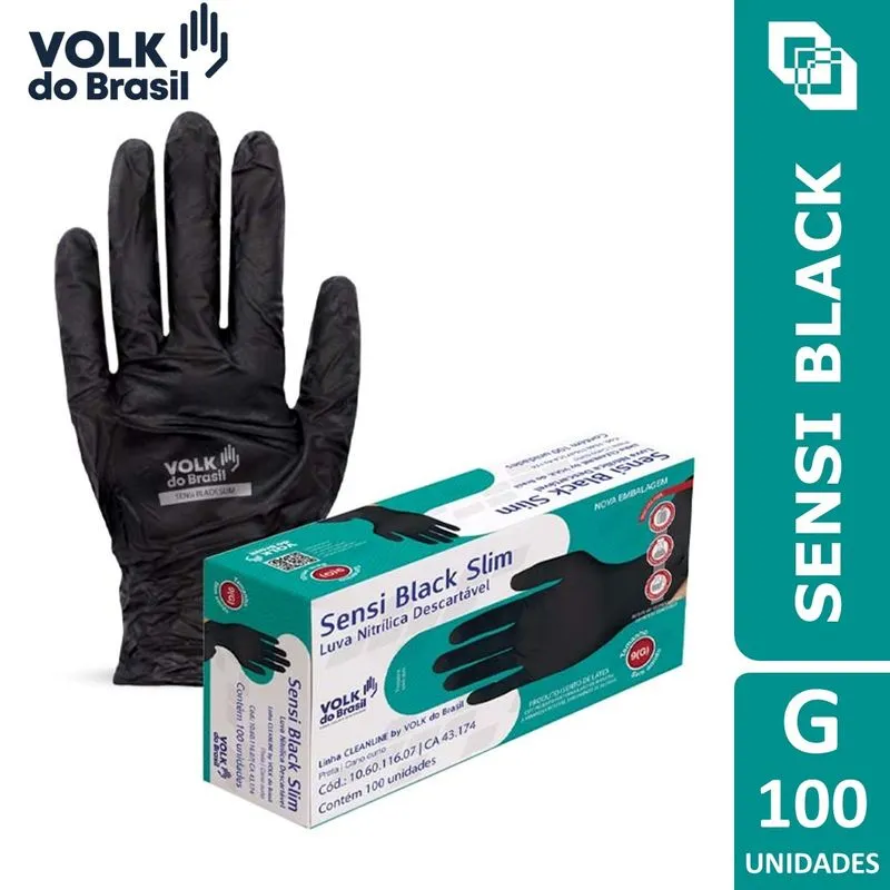 Luva Nitrilica Descartavel Volk Sensi Black Slim S/amido G [cx 100 Un]