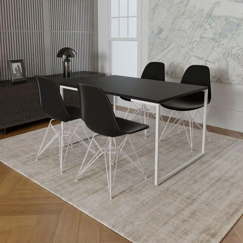 Mesa Industrial Base Ferro Branco 137x90 Tampo Preto 4 Cadeiras Eiffel Ferro Branco Assento Preto