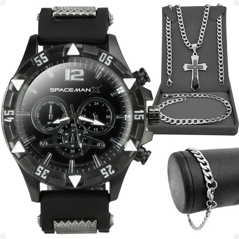 Relogio Masculino Preto + Pulseira + Cordão Prata Grumet Inoxidável Qualidade Premium Black Piano