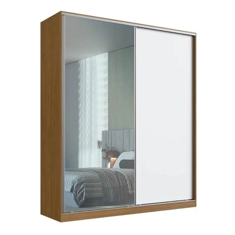 Guarda Roupa Solteiro com Espelho 2 Portas de Correr RC2006 Emovell Freijó Natural e Branco 200x59,8x235cm Branco