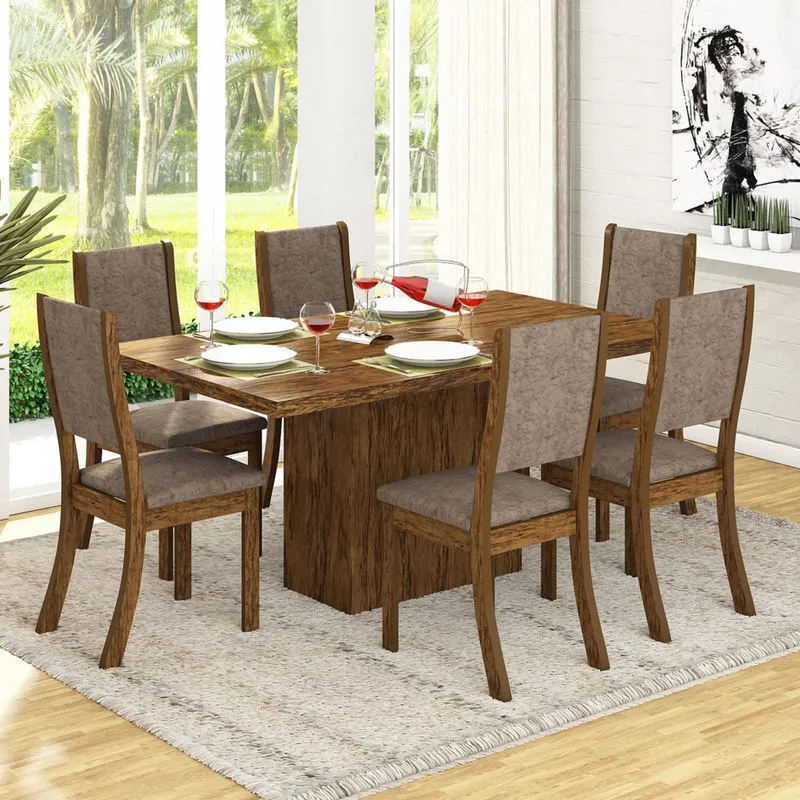 Conjunto para Sala de Jantar Mesa e 6 Cadeiras Viero Dulce Avelã/Canela