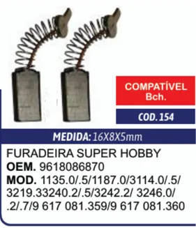 Escova de Carvão C154G para Furadeira Bosch Super Hobby / Linha Hobby - Cia da Ferramenta
