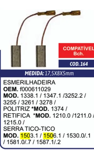Escova de Carvão C164G para Esmerilhadeira Bosch 1338 / 1347 / 3255 / 3261 / 3278 / 1619P11715 - Cia da Ferramenta
