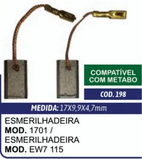 Escova de Carvão C198G para Esmerilhadeira Metabo EW7-115 / Modelo 1701 - Cia da Ferramenta
