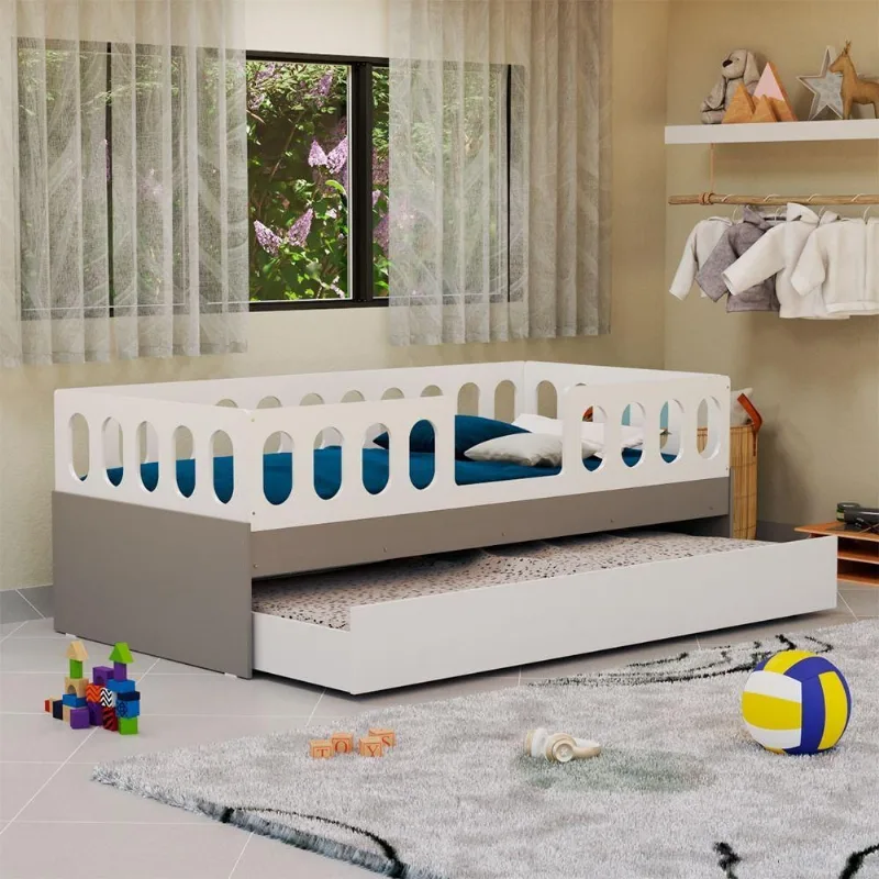 Cama Solteiro Infantil Lara com Cama Auxiliar Branco e Cinza Baby Mobilia
