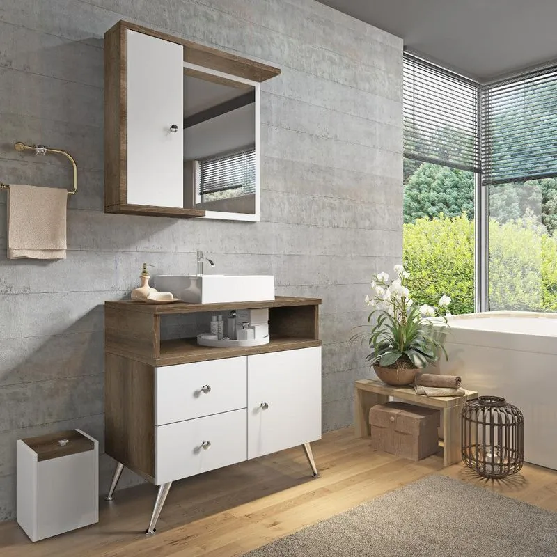 Gabinete para Banheiro com Pés Espelheira e Cuba Stein A29 80cm II Branco/Monastrel