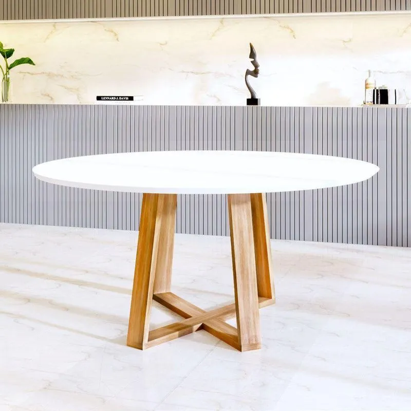 Mesa Redonda Jantar 90Cm Livia Branca Base Madeira Maciça - Branco