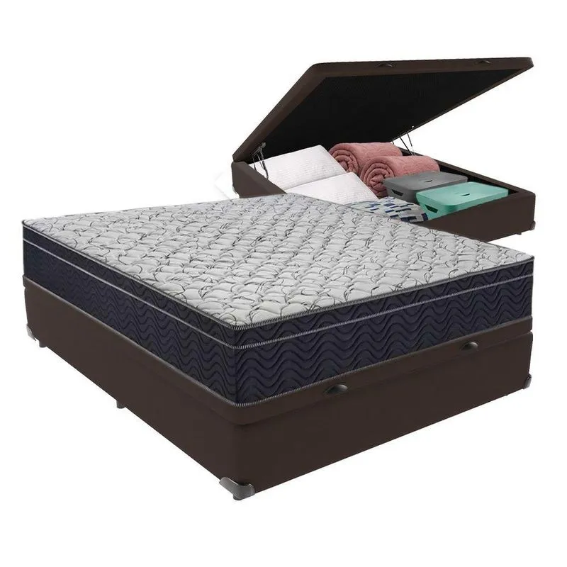 Kit Casal Cama Bege Box Baú Colchão Extra Firme Ortobom D45 Marrom