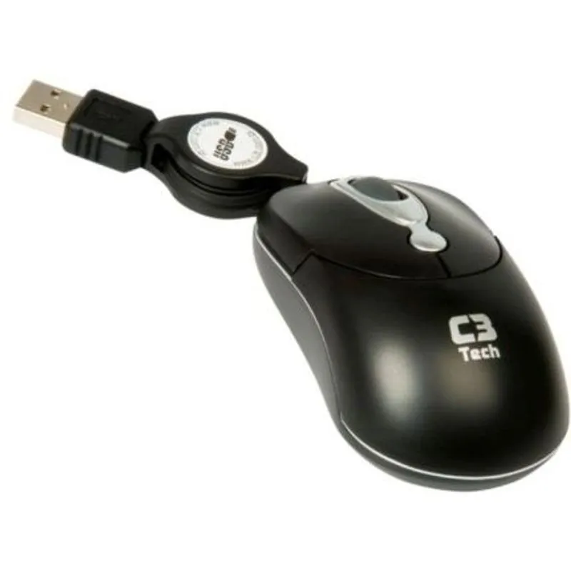 Mini Mouse Óptico Usb Retrátil Preto 800Dpi 3 Botões Ms3208 C3 Tech