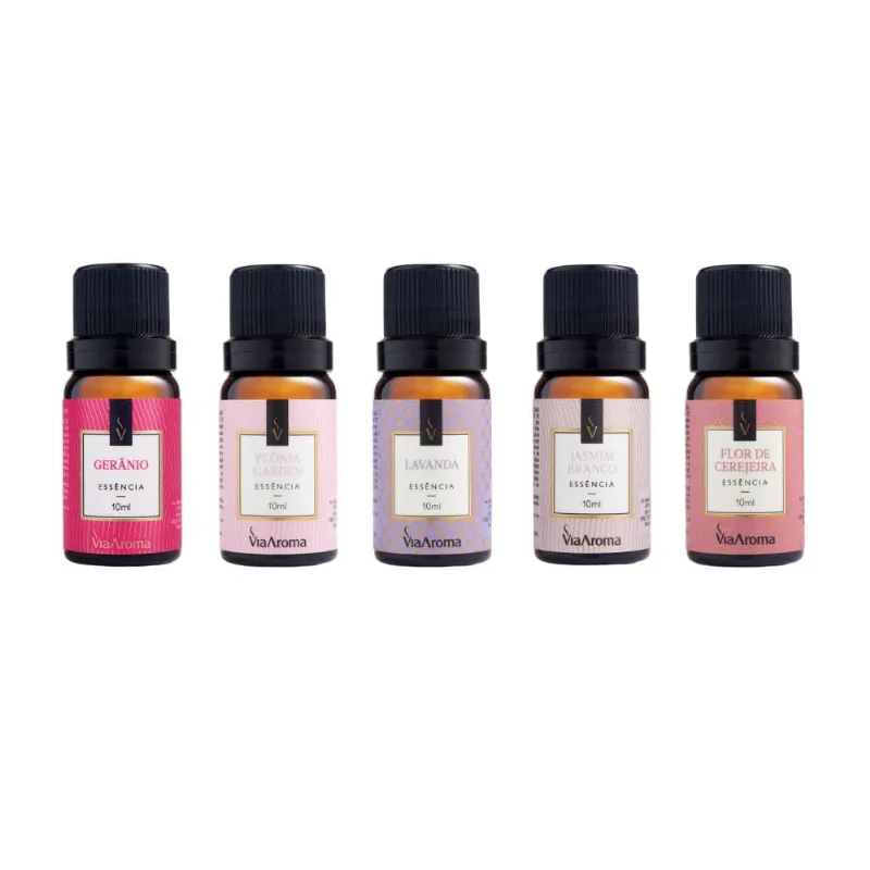 Kit 5 Essências Via Aroma - Flor de Cerejeira, Jasmim Branco, Gerânio, Lavanda e Peônia Garden